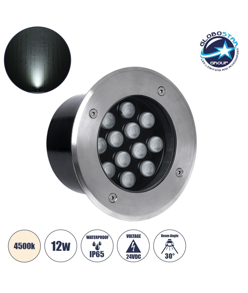 GLOBOSTAR® UNDERGROUND-TINA 90668 Χωνευτό Αρχιτεκτονικο Φωτιστικό Σποτ Δαπέδου LED 12W 1380lm 30° DC 24V Αδιάβροχο IP65 Φυσικό Λευκό 4500K Dimmable - Ανοξείδωτο Ατσάλι 304 - Φ16 x Υ9cm - Q14cm - 3 Χρόνια Εγγύηση